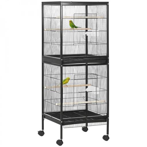Jaula para Pájaros de 2 Niveles con Ruedas Bandejas Extraíbles Puertas Comederos Perchas 51,5x50x140 cm Negro [9]