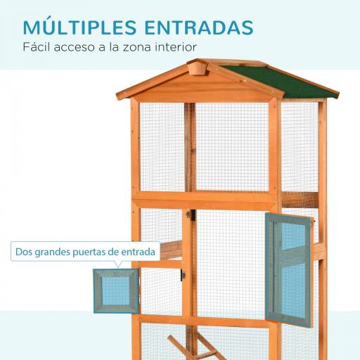 Jaula para Pájaros Grande de Madera de Abeto con 2 Puertas Bandeja Extraíble y Techo Asfáltico 68x63x165cm Madera [3]