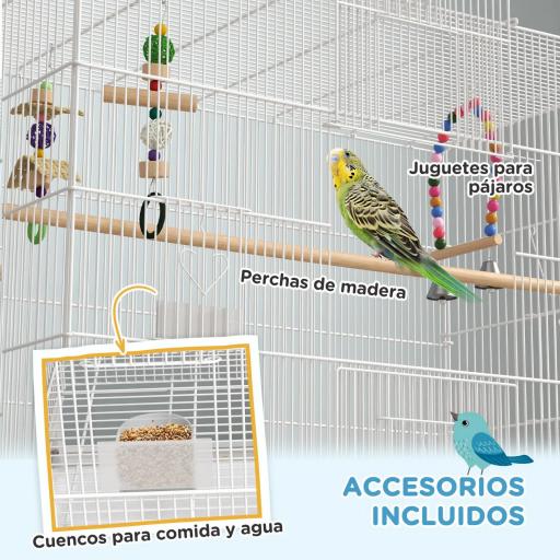 Jaula para Pájaros con Ruedas Bandeja Extraíble Puertas Comederos Perchas y Estante Inferior 79x49x133 cm Blanco [5]