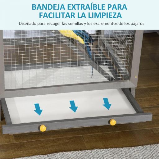 Jaula para Pájaros Grande de Madera de Abeto con 2 Puertas Bandeja Extraíble y Techo Asfáltico 68x63x165cm Gris [3]