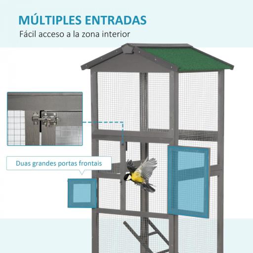 Jaula para Pájaros Grande de Madera de Abeto con 2 Puertas Bandeja Extraíble y Techo Asfáltico 68x63x165cm Gris [5]
