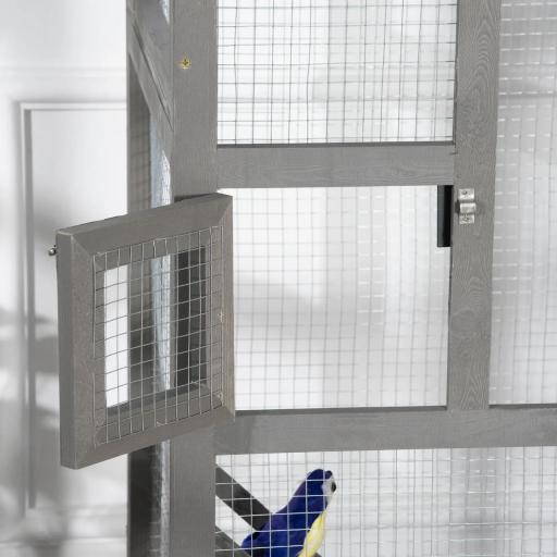 Jaula para Pájaros Grande de Madera de Abeto con 2 Puertas Bandeja Extraíble y Techo Asfáltico 68x63x165cm Gris [7]