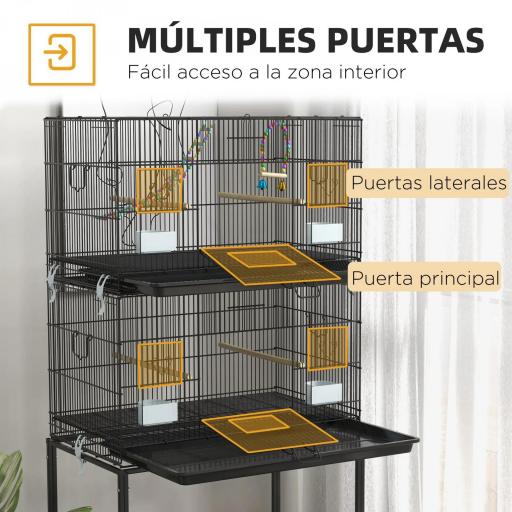 Pajarera Doble Apilable 77x46x164 cm con Ruedas Perchas Bandeja Extraíble Columpio y Escalera Negro [6]