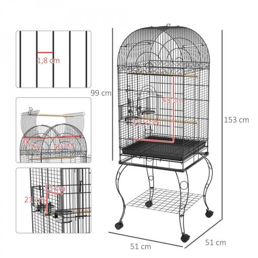 Jaula de Pájaros con Ruedas Jaula de Aves Exterior con Bandeja Extraíble Rejilla 2 Cuencos Percha 51x51x153 cm Negro [1]