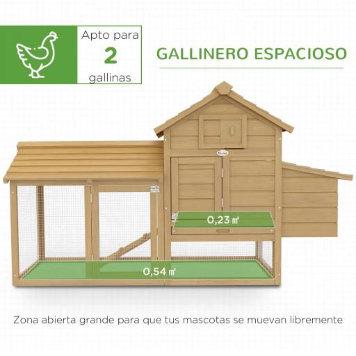 Gallinero de Madera para Exterior Jaula para 2-3 Gallineras con 2 Corrales de Alambre Techo Abrible Caja Nido Bandeja Extraíble y Rampa 150,5x54x87 cm Natural [2]