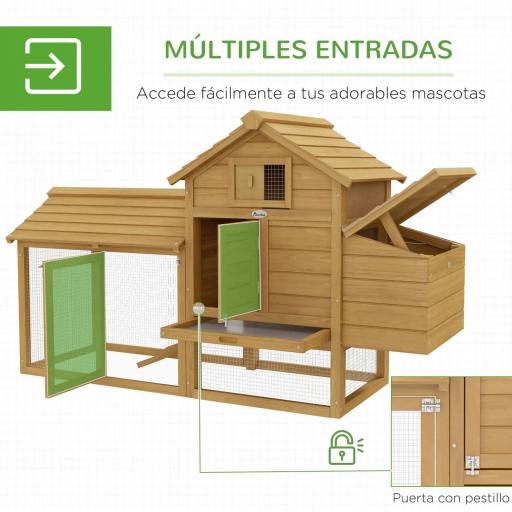 Gallinero de Madera para Exterior Jaula para 2-3 Gallineras con 2 Corrales de Alambre Techo Abrible Caja Nido Bandeja Extraíble y Rampa 150,5x54x87 cm Natural [3]