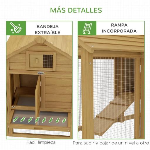Gallinero de Madera para Exterior Jaula para 2-3 Gallineras con 2 Corrales de Alambre Techo Abrible Caja Nido Bandeja Extraíble y Rampa 150,5x54x87 cm Natural [5]