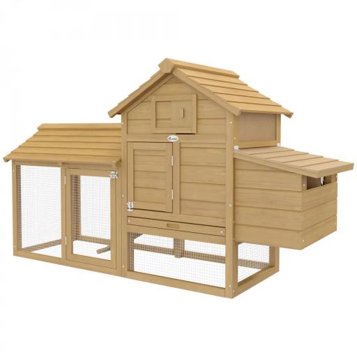 Gallinero de Madera para Exterior Jaula para 2-3 Gallineras con 2 Corrales de Alambre Techo Abrible Caja Nido Bandeja Extraíble y Rampa 150,5x54x87 cm Natural [8]