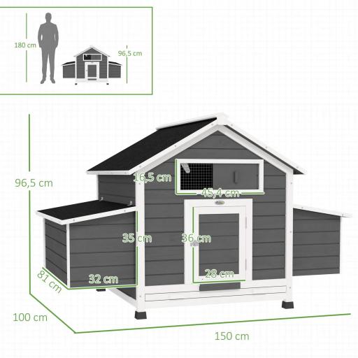 Gallinero para Exterior Gallinero de Madera con 2 Nidos Bandeja Extraíble Techo Abatible 150x100x96,5 cm Gris y Blanco [1]