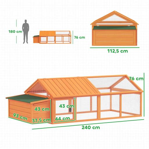Gallinero de Madera Grande de Exterior para 4-8 Gallinas con Techo Abatible y Nido 240x112,5x76 cm Natural [1]