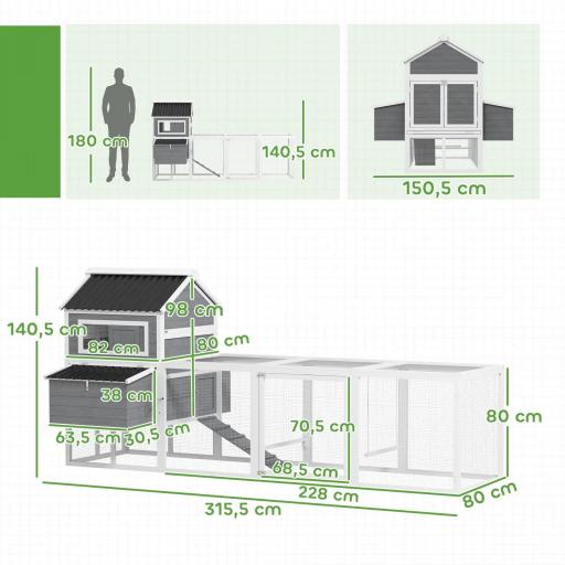 Gallinero de Madera con Perchas Columpio Nidos y Bandeja Extraíble 315,5x150,5x140,5 cm Gris [1]