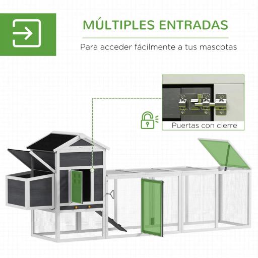 Gallinero de Madera Grande para 3-6 Gallinas con Techo Asfáltico Nido y Bandeja Extraíble 297,5x68x118 cm Blanco y Gris [2]