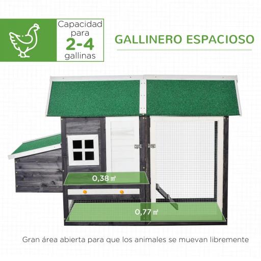 Gallinero de Madera Exterior Jaula Cercada para Gallinas con Caja Nido Corral de Metal Techo Asfáltico Bandeja Extraíble Ventana y Rampa 170x81x110 cm Gris [4]