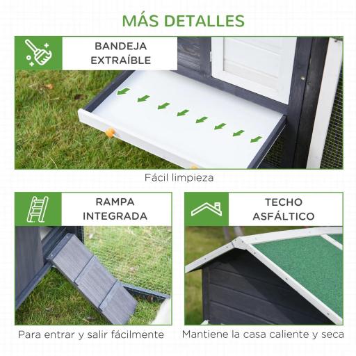 Gallinero de Madera Exterior Jaula Cercada para Gallinas con Caja Nido Corral de Metal Techo Asfáltico Bandeja Extraíble Ventana y Rampa 170x81x110 cm Gris [2]