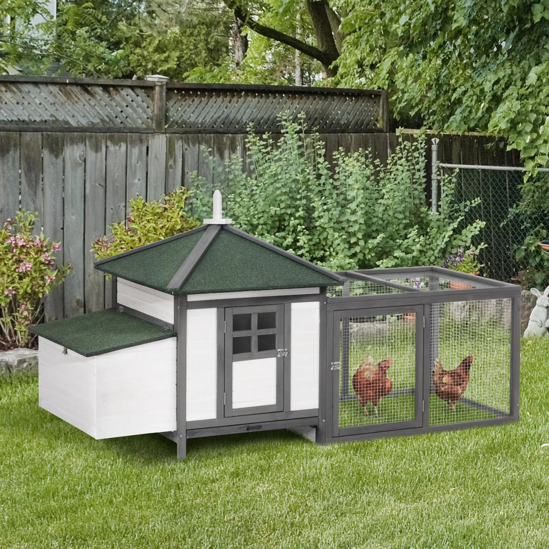 Gallinero de Madera de Pino Refugio Jaula para Gallinas Pollos Exterior con Caja Nido Bandeja Extraíble y Espacio para Correr 196x76x97 cm Gris