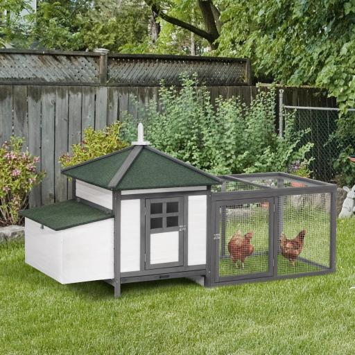 Gallinero de Madera de Pino Refugio Jaula para Gallinas Pollos Exterior con Caja Nido Bandeja Extraíble y Espacio para Correr 196x76x97 cm Gris