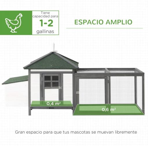 Gallinero de Madera de Pino Refugio Jaula para Gallinas Pollos Exterior con Caja Nido Bandeja Extraíble y Espacio para Correr 196x76x97 cm Gris [3]
