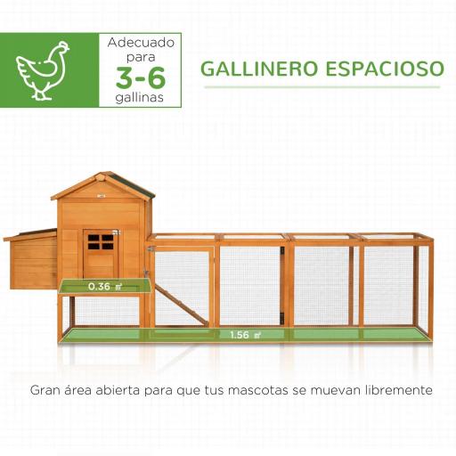 Gallinero de Madera Grande para 3-6 Gallinas con Techo Asfáltico Nido y Bandeja Extraíble 297,5x68x118 cm Natural [3]
