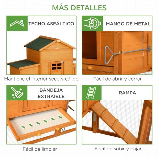 Gallinero de Madera Grande para 3-6 Gallinas con Techo Asfáltico Nido y Bandeja Extraíble 297,5x68x118 cm Natural [4]