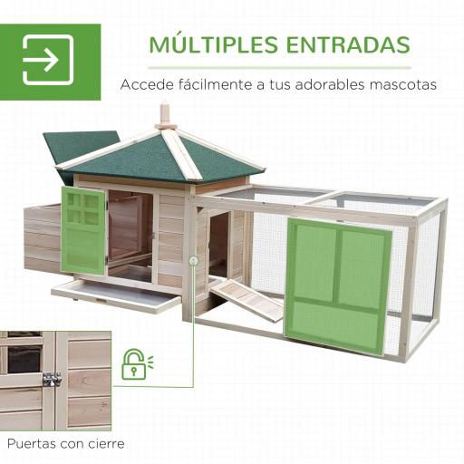 Gallinero de Madera de Pino Refugio Jaula para Gallinas Pollos Exterior con Caja Nido Bandeja Extraíble y Espacio para Correr 196x76x97 cm Natural [2]