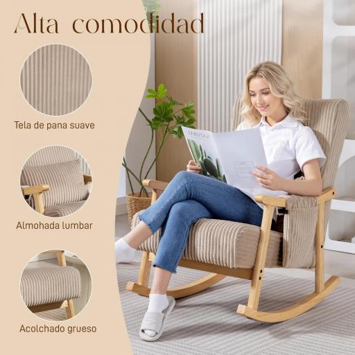 Silla Mecedora de Pana con Cojín Lumbar Patas y Reposabrazos de Madera de Caucho Bolsillo Estilo Moderno Marrón Claro [4]
