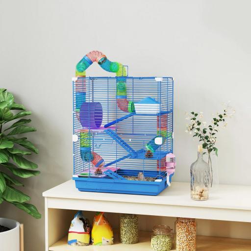 Jaula de Hámster con Túnel Plataformas Cuenco Bebedero Casita Rampas y Rueda de Ejercicio 46x30x58 cm Azul