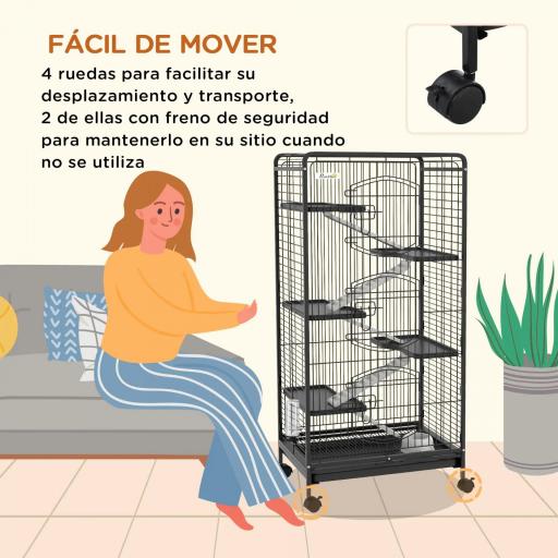 Jaula para Roedores de 6 Niveles con Ruedas Plataformas Bandeja Extraíble Comedero y Bebedero 61,5x44x131 cm Negro [2]