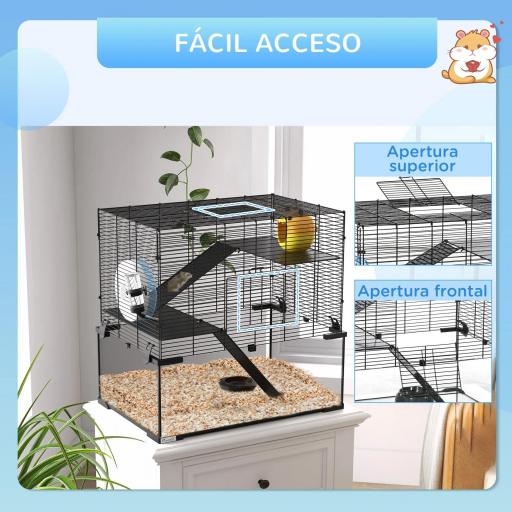 Jaula de Hámster con Fondo de Vidrio Plataformas Cuenco Bebedero Casita Rampas y Rueda de Ejercicio 60x40x54,5 cm Negro [5]