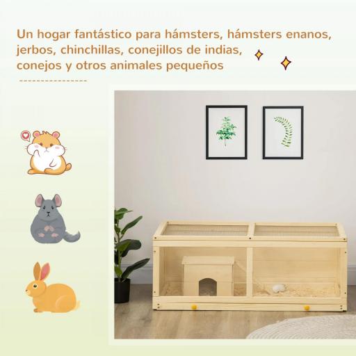 Jaula para Hámster de Madera con Techo Abatible Panel de Acrílico Bandeja Extraíble y Cabaña 100x58x38 cm Natural [2]