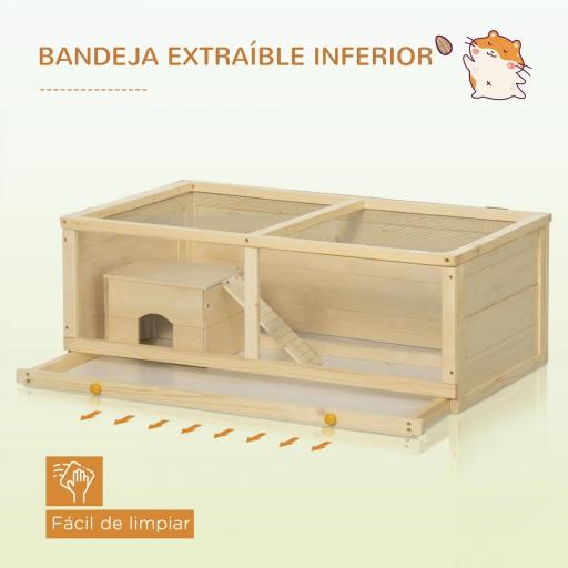 Jaula para Hámster de Madera con Techo Abatible Panel de Acrílico Bandeja Extraíble y Cabaña 100x58x38 cm Natural [4]