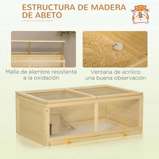Jaula para Hámster de Madera con Techo Abatible Panel de Acrílico Bandeja Extraíble y Cabaña 100x58x38 cm Natural [5]