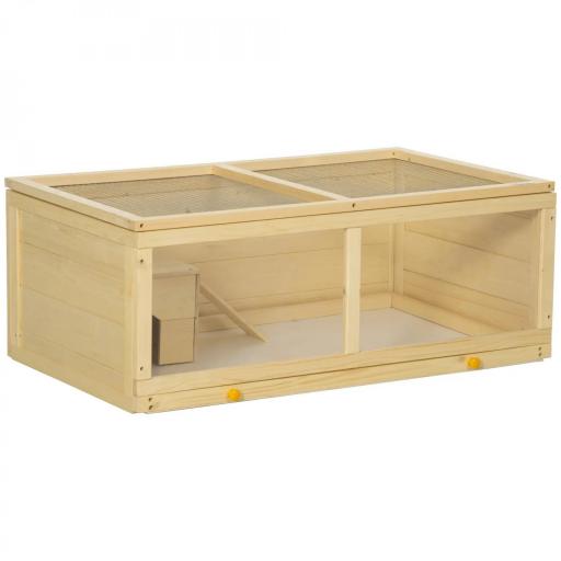 Jaula para Hámster de Madera con Techo Abatible Panel de Acrílico Bandeja Extraíble y Cabaña 100x58x38 cm Natural [8]