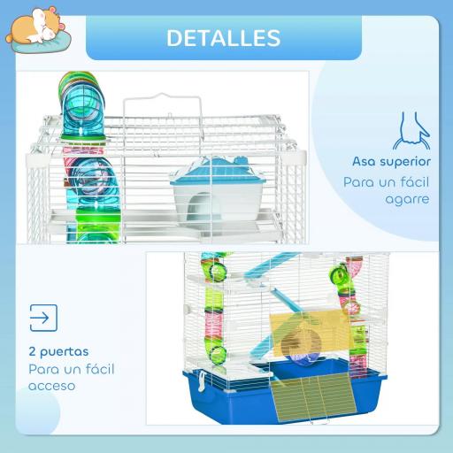 Jaula para Hámster con Túnel Plataformas Cuenco Bebedero Casita Rampas y Rueda de Ejercicio 59x36x69 cm Azul [6]