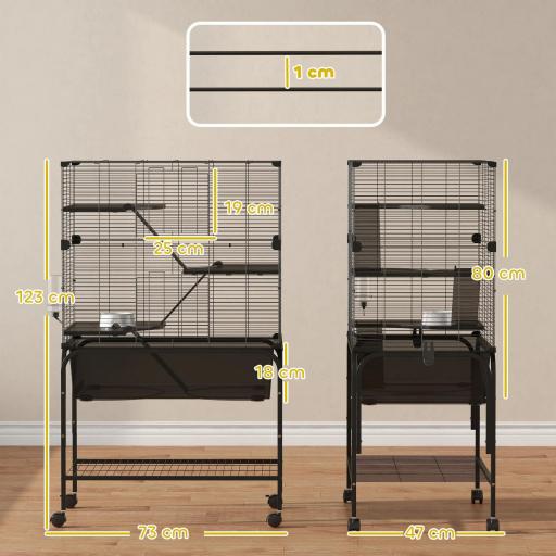 Jaula para Animales Pequeños de 4 Niveles con Ruedas Bandeja Profunda Rampas Plataformas y Comedero 73x47x123 cm Negro [4]