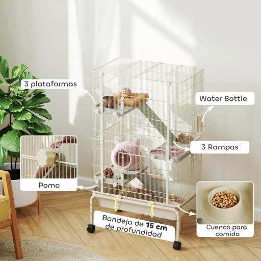 Jaula para Animales Pequeños de 4 Niveles con Ruedas Rampas Cuenco Botella de Agua 69x44x120 cm Beige [2]