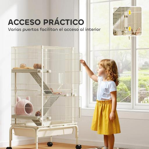 Jaula para Animales Pequeños de 4 Niveles con Ruedas Rampas Cuenco Botella de Agua 69x44x120 cm Beige [3]