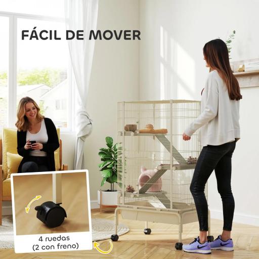 Jaula para Animales Pequeños de 4 Niveles con Ruedas Rampas Cuenco Botella de Agua 69x44x120 cm Beige [1]