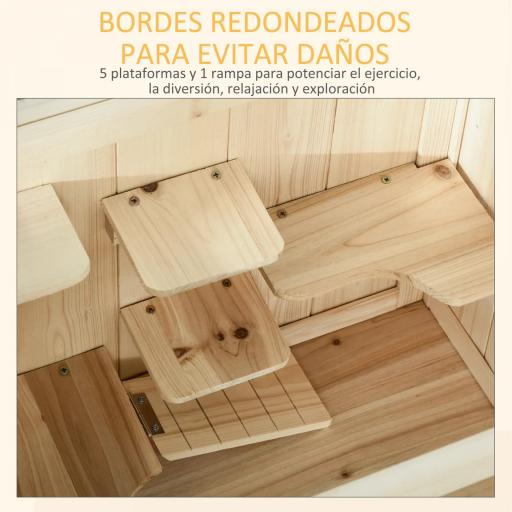 Jaula de Madera para Hámster Ratones Casa de Juegos con 5 Plataformas Rampa Techo Abatible Ventana Cristal Plástico y Estante Inferior 60x40x80 cm Natural [3]