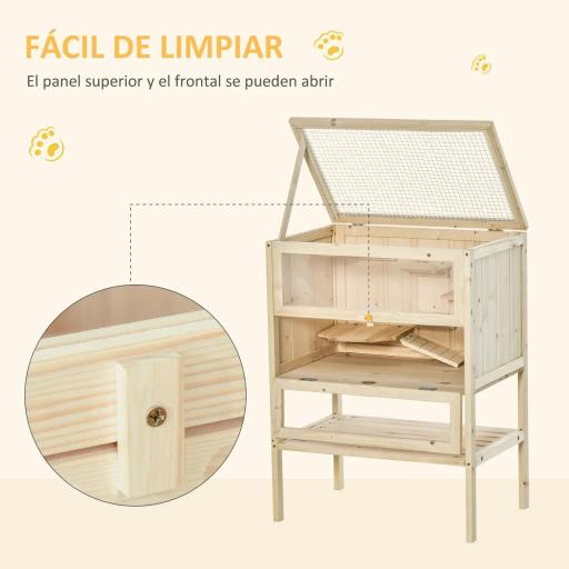 Jaula de Madera para Hámster Ratones Casa de Juegos con 5 Plataformas Rampa Techo Abatible Ventana Cristal Plástico y Estante Inferior 60x40x80 cm Natural [2]
