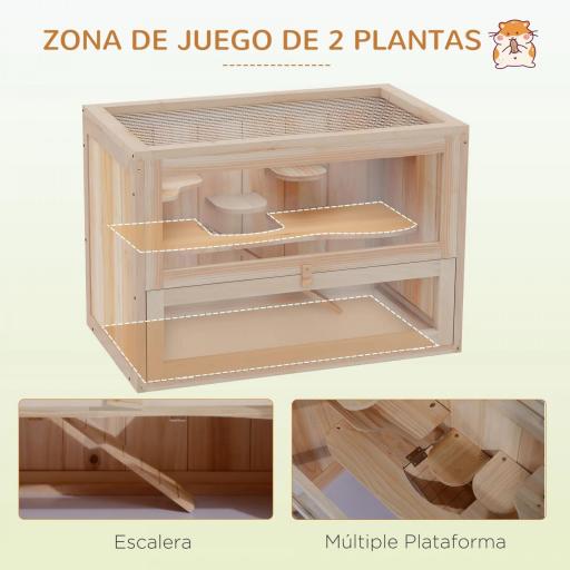Jaula para Hámster de Madera de 2 Niveles Casa para Animales Pequeños con Plataformas Escaleras 60x35x42 cm Madera Natural [9]