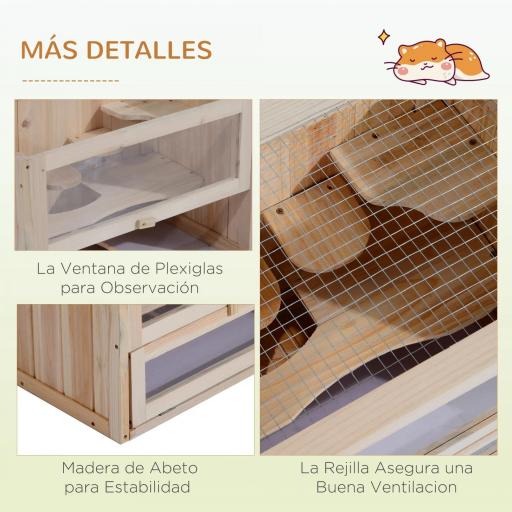 Jaula para Hámster de Madera de 2 Niveles Casa para Animales Pequeños con Plataformas Escaleras 60x35x42 cm Madera Natural [7]
