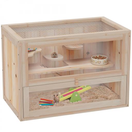 Jaula para Hámster de Madera de 2 Niveles Casa para Animales Pequeños con Plataformas Escaleras 60x35x42 cm Madera Natural [4]