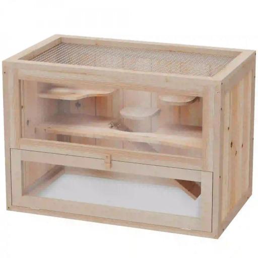 Jaula para Hámster de Madera de 2 Niveles Casa para Animales Pequeños con Plataformas Escaleras 60x35x42 cm Madera Natural [2]