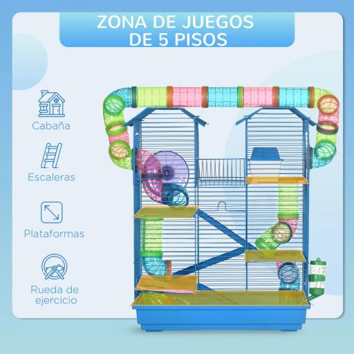 Jaula para Hámster de Múltiples Niveles con Tubos Plataformas Comedero Bebedero Casita Rueda Escaleras 47x30x59 cm Azul [2]