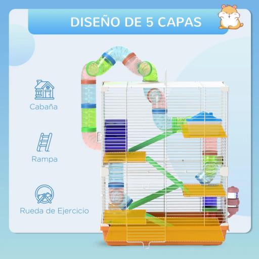 Jaula de Hámster con Túnel Plataformas Cuenco Bebedero Casita Rampas y Rueda de Ejercicio 46x30x58 cm Naranja [2]