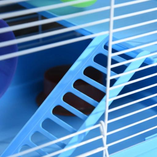 Jaula para Hámster 46x30x37 cm Casa para Hámster con Tubos Comedero Bebedero Rampa Rueda de Ejercicio y Asa Portátil para Interior y Exterior Azul y Blanco [7]