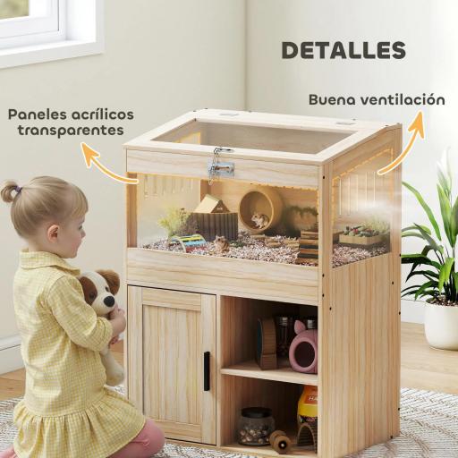 Jaula para Hámster con Espacio de Almacenaje Paneles Acrílicos Visibles Estante Ajustable 60x40x82,5 cm Natural [4]
