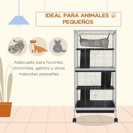 Jaula para Animales Pequeños con Ruedas 2 Puertas 3 Rampas Hamaca Colgante y Bandeja Extraíble 52x52x113,5cm Gris [4]