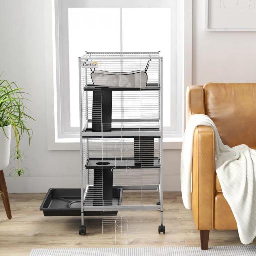 Jaula para Animales Pequeños con Ruedas 2 Puertas 3 Rampas Hamaca Colgante y Bandeja Extraíble 52x52x113,5cm Gris [7]