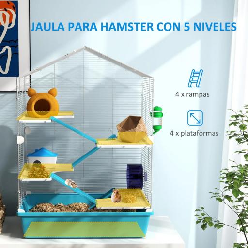 Jaula para Hámster de 5 Niveles con Plataformas Cuenco Bebedero Casita Rampas y Rueda de Ejercicio 58x36x81cm Azul Claro [2]